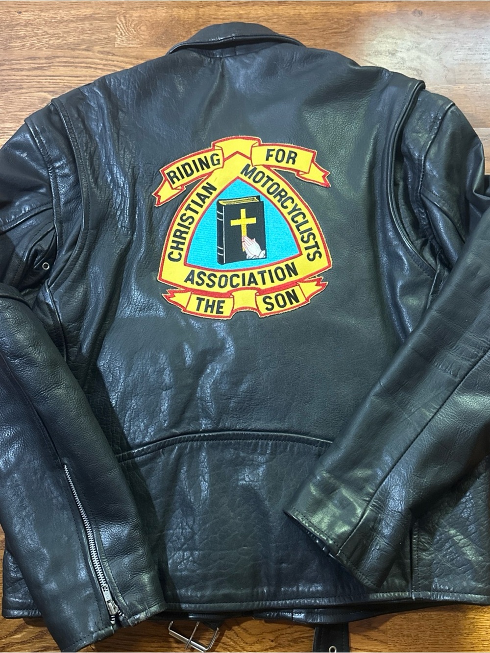 Vintage Vanguard Leather Motorcycle Biker Jacket Embroidered Christian Patch 48